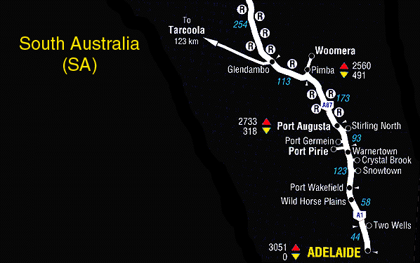 Coober Pedy to Adelaide road map