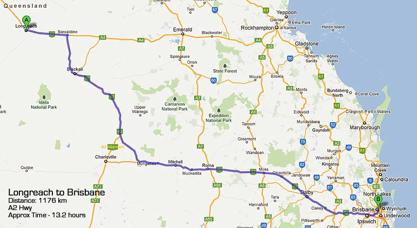 Longreach to brisbane road map QLD