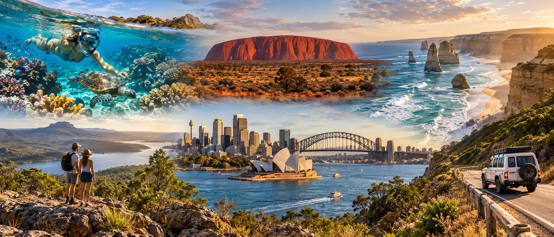 Australian travel experiences including outback, reef, cities, coast and road trips