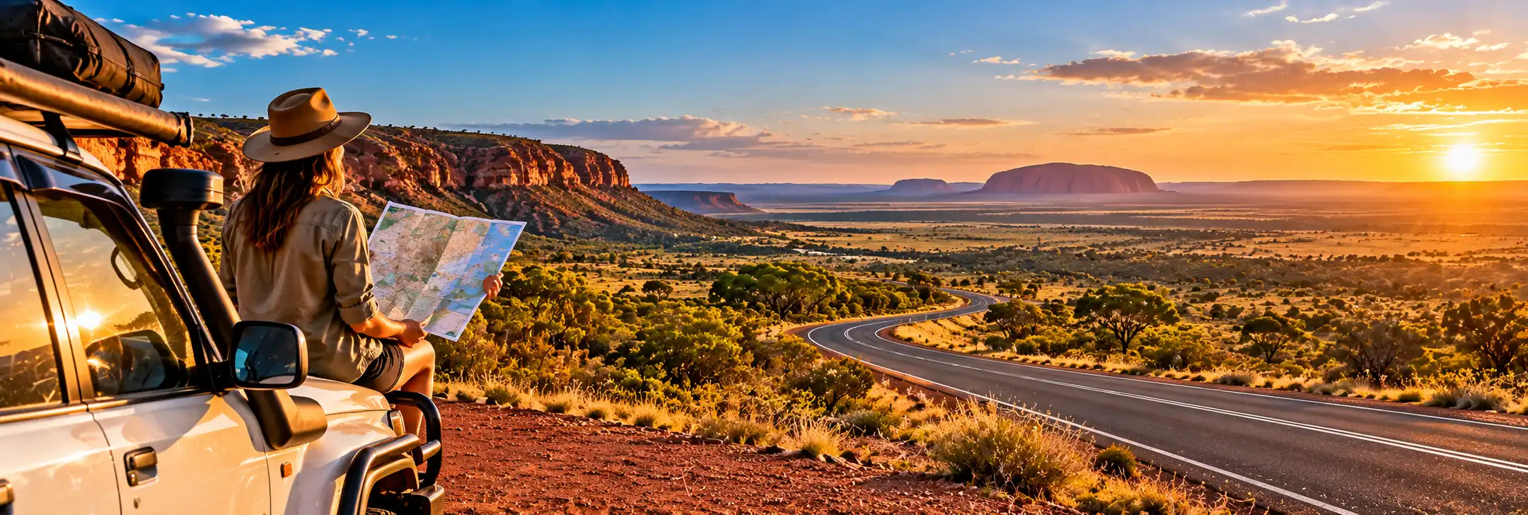 Travelling through Australia by road with maps and open landscapes
