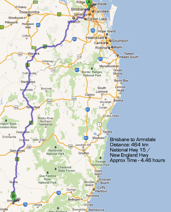 brisbane to armidales road map