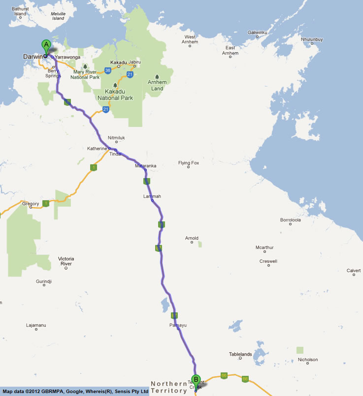 darwin to tennant creek road maps