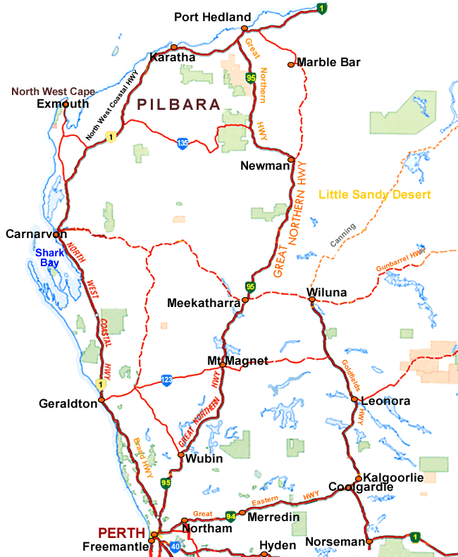 Port Hedland to Perth Road map Western Australian Tourist Drive